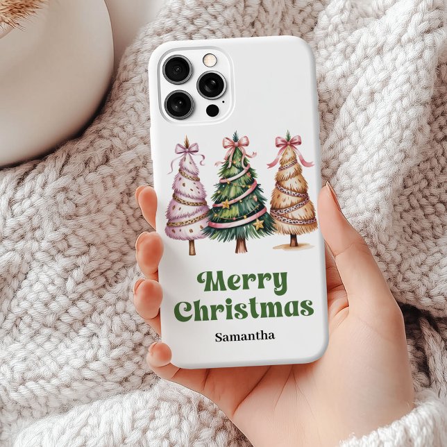 Cute Christmas trees green gold leopard personaliz Case-Mate iPhone Case (Cute Christmas trees green gold leopard personalized case)