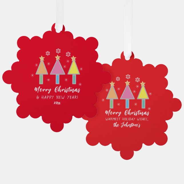 Cute Christmas Trees Name Rustic Red Holiday       Ornament Card (Front/Back)