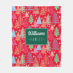 Cute Christmas Trees on Red Family Name Fleece Blanket