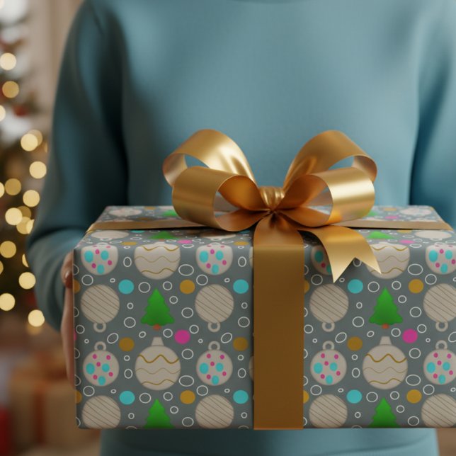 Cute Christmas Trees & Ornaments On Silver Wrapping Paper (Add a scandi inspired look to your Christmas season with this nontraditional wrapping paper)