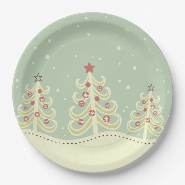 Cute Christmas Trees Pastel Paper Plates (Front)
