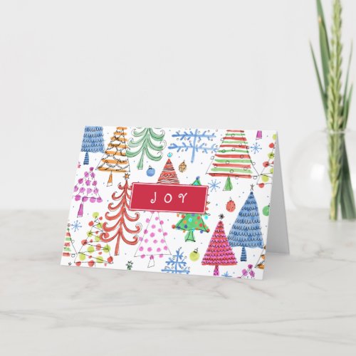 Cute Christmas Trees Pattern with Joy Typography Holiday Card