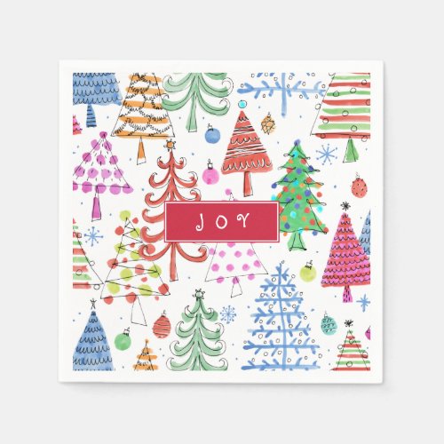 Cute Christmas Trees Pattern with Joy Typography Napkins