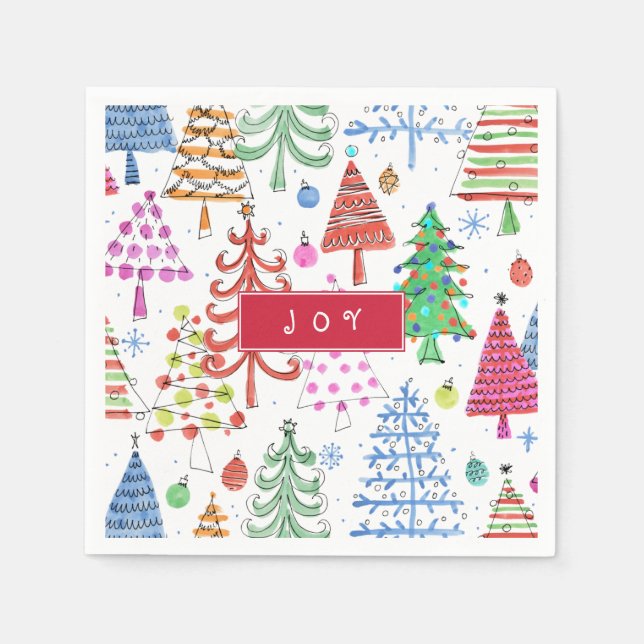 Cute Christmas Trees Pattern with Joy Typography Napkins (Front)