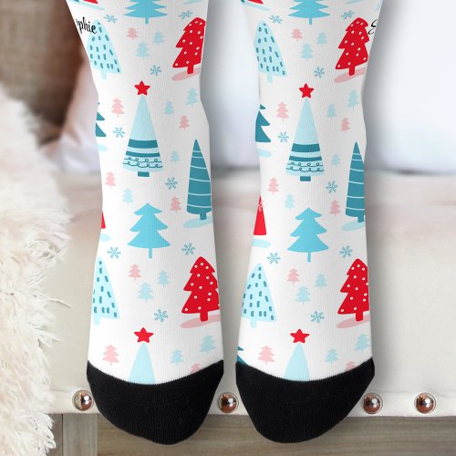 Cute Christmas Trees Personalized Name Socks