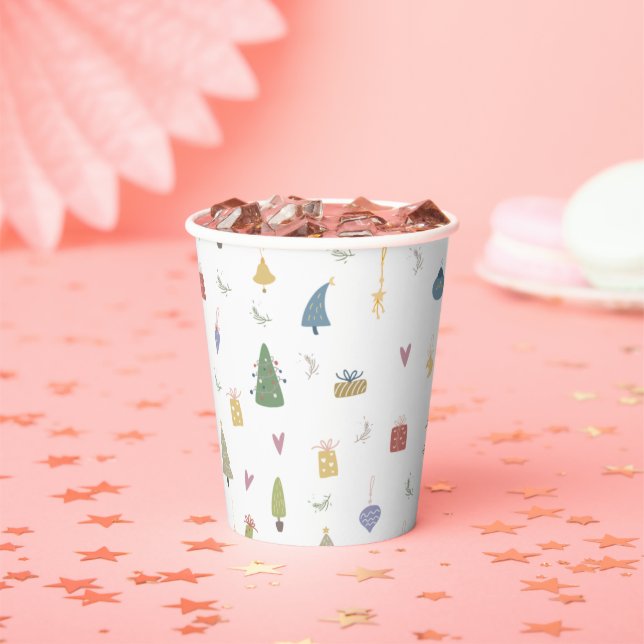 Cute Christmas Trees Presents Ornaments Pattern Paper Cups (Insitu)