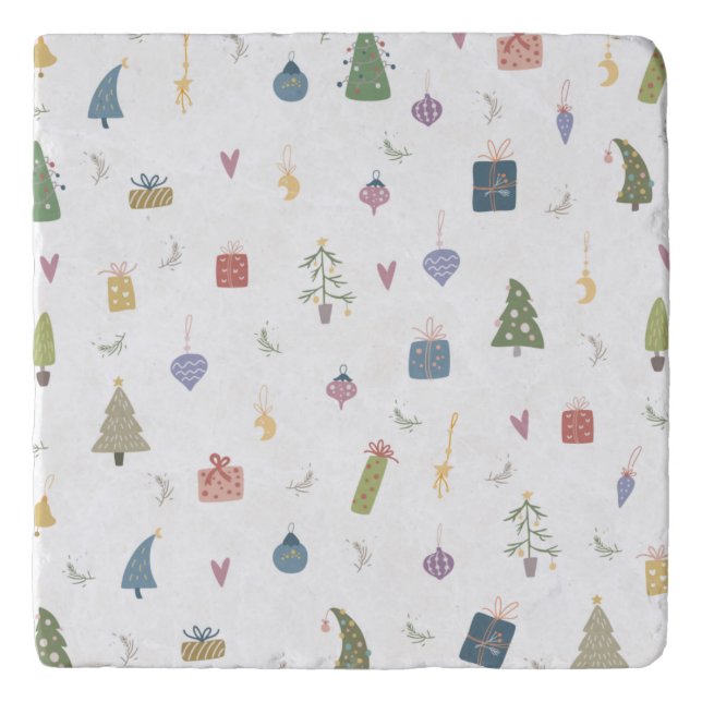 Cute Christmas Trees Presents Ornaments Pattern Trivet (Front)