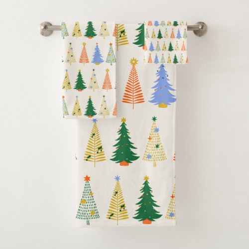 Cute Christmas Trees Red Green Boho  Bath Towel Set