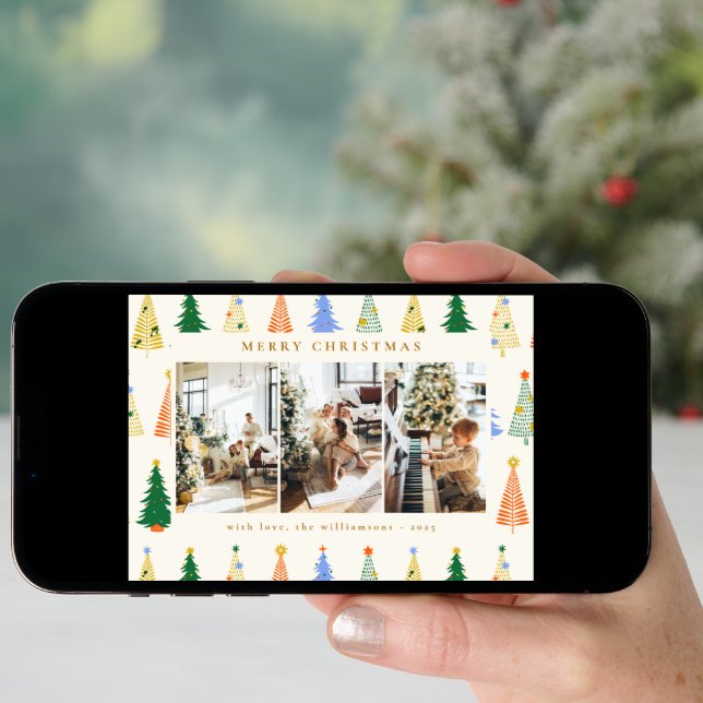 Cute Christmas Trees Red Green Boho Four Photo Holiday Card (Front Digital)