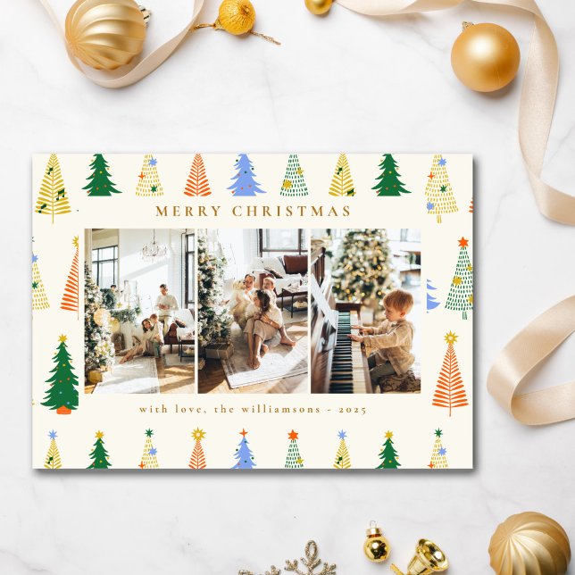 Cute Christmas Trees Red Green Boho Four Photo Holiday Card (Creator Uploaded)