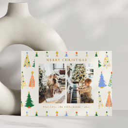 Cute Christmas Trees Red Green Boho Three Photo Holiday Card