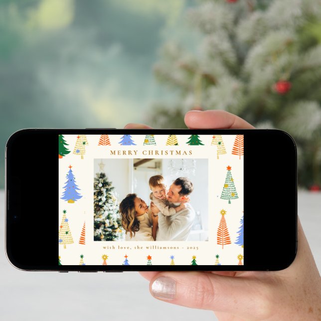 Cute Christmas Trees Red Green Boho Two Photo Holiday Card (Front Digital)