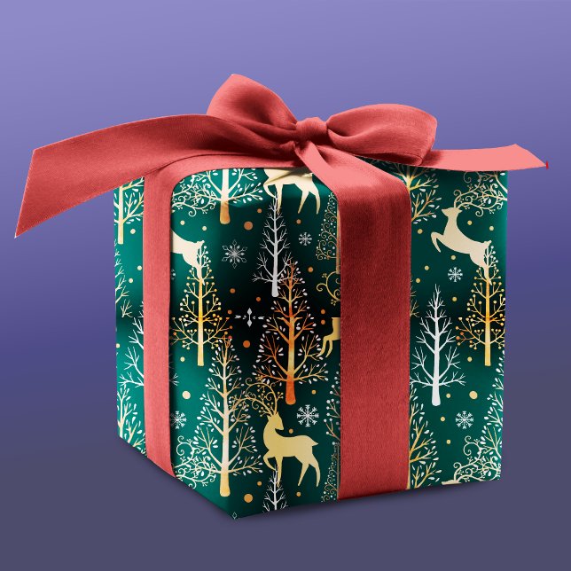 Cute Christmas trees reindeers green Wrapping Paper (Creator Uploaded)