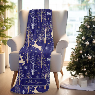 Cute Christmas trees reindeers monogram blue Fleece Blanket