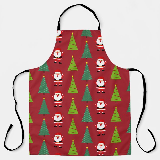Cute Christmas Trees & Santa Claus Pattern Red Apron (Front)