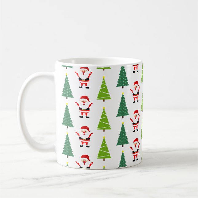 Cute Christmas Trees & Santa Claus Pattern White Coffee Mug (Left)