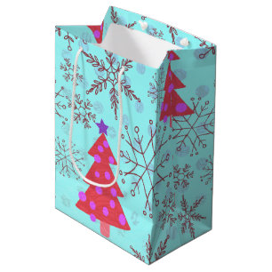 Cute Christmas Trees with Snowflakes on Blue Medium Gift Bag