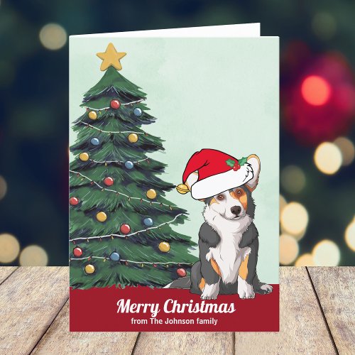 Cute Christmas Tricolor Corgi with Tail Custom Holiday Card