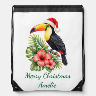 Cute Christmas Tropical Toucan Custom Name Drawstring Bag