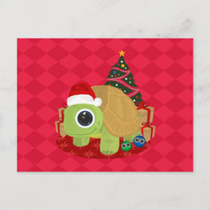 Cute Christmas Turtle on Festive Red Diamond Postcard