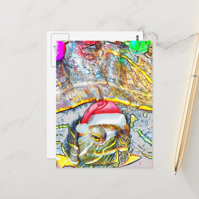 Cute Christmas Turtle Postcard (Front/Back In Situ)