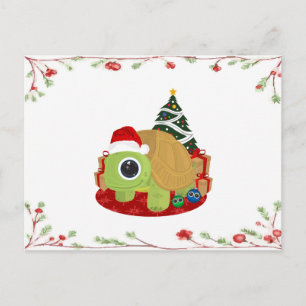 Cute Christmas Turtle with Festive Mistletoe Postcard