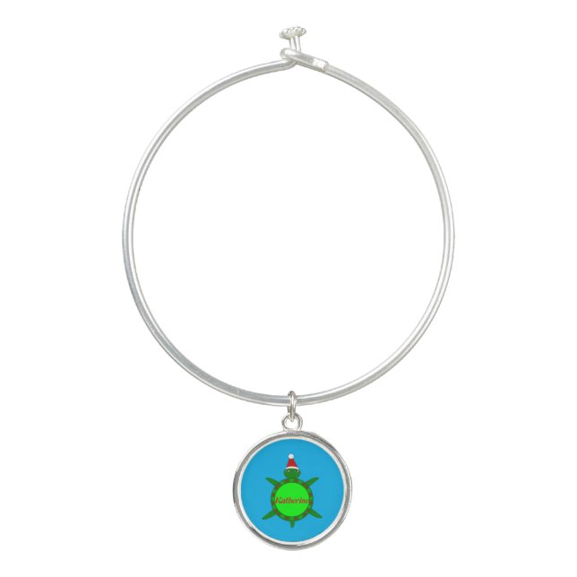 Cute Christmas Turtle with Flowery Shell Custom Bangle Bracelet (Front)