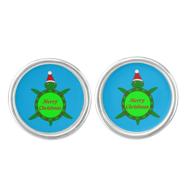 Cute Christmas Turtle with Flowery Shell Custom Cufflinks (Front)