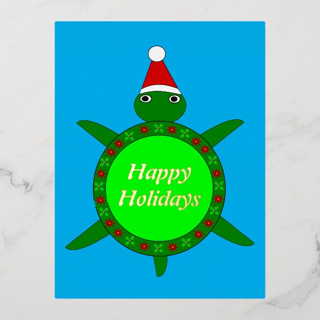 Cute Christmas Turtle with Flowery Shell Custom Foil Holiday Postcard (Front)