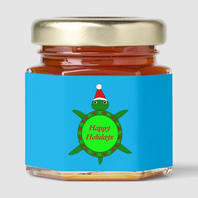 Cute Christmas Turtle with Flowery Shell Custom Honey Jar Favors (Front)