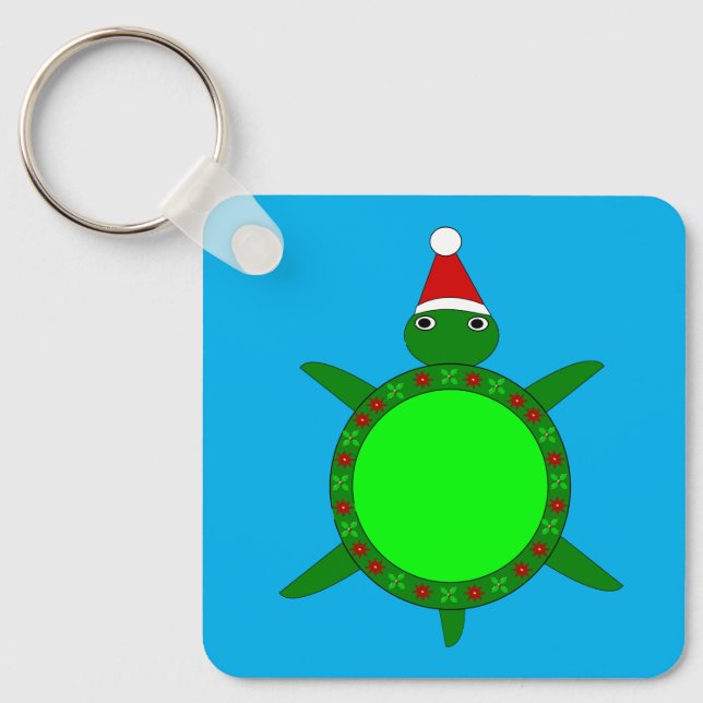 Cute Christmas Turtle with Flowery Shell Custom Keychain (Front)