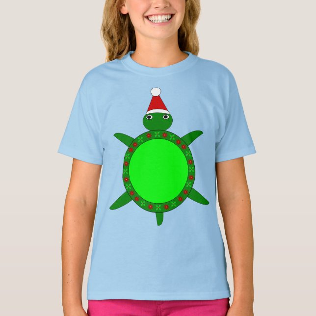 Cute Christmas Turtle with Flowery Shell T-Shirt (Front)