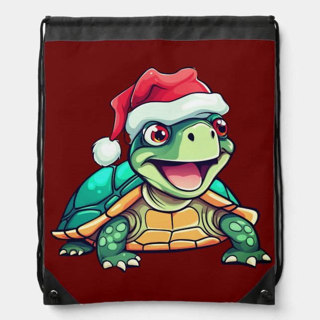 Cute Christmas Turtle With Santa Hat  Drawstring Bag (Front)