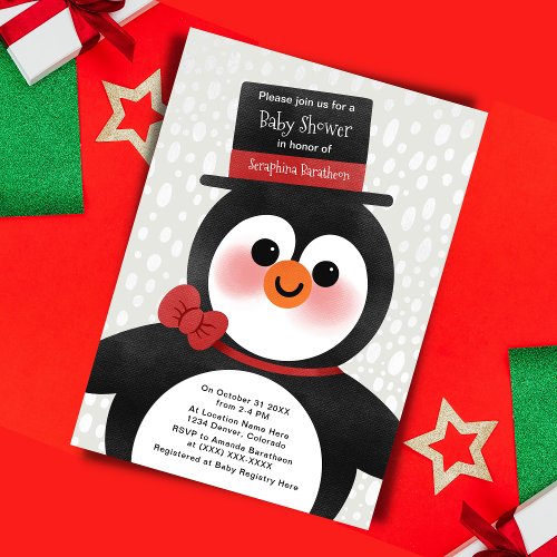 Cute Christmas Tuxedo Penguin Baby Shower Invitation