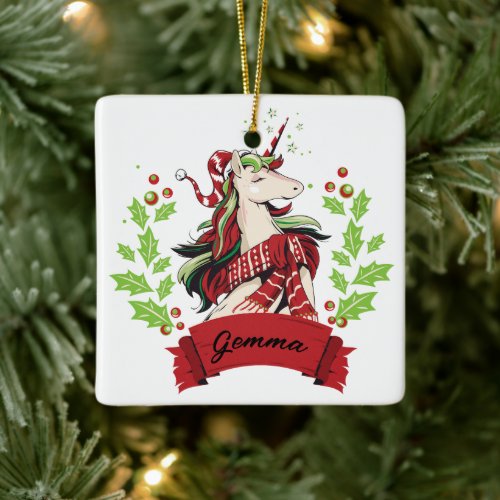 Cute Christmas Unicorn Custom Name      Ceramic Ornament