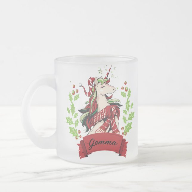 Cute Christmas Unicorn Custom Name       Frosted Glass Coffee Mug (Left)