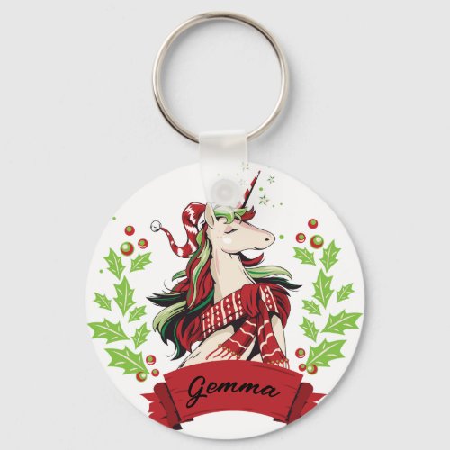 Cute Christmas Unicorn Custom Name      Keychain