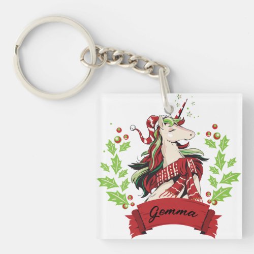 Cute Christmas Unicorn Custom Name      Keychain
