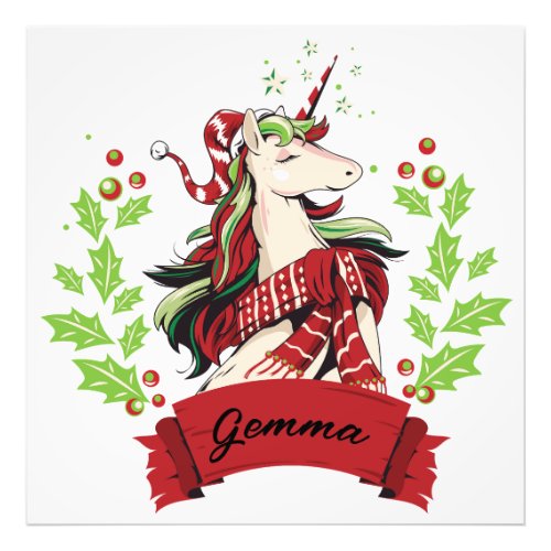 Cute Christmas Unicorn Custom Name     Photo Print