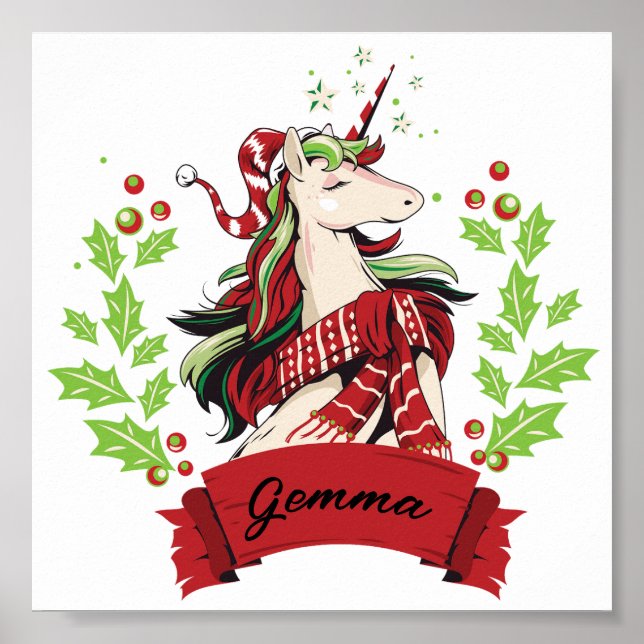 Cute Christmas Unicorn Custom Name     Poster (Front)