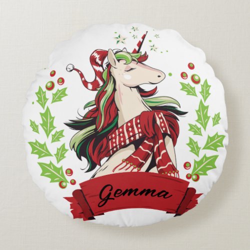 Cute Christmas Unicorn Custom Name  Round Pillow