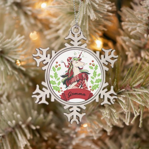 Cute Christmas Unicorn Custom Name      Snowflake Pewter Christmas Ornament