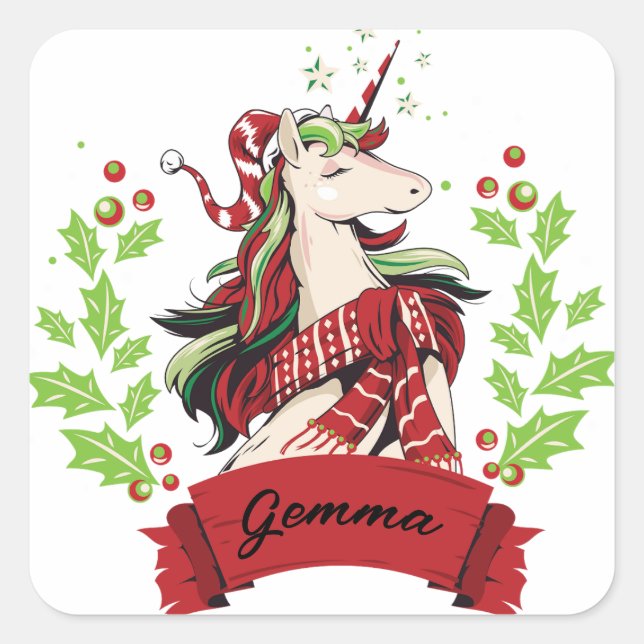 Cute Christmas Unicorn Custom Name    Square Sticker (Front)
