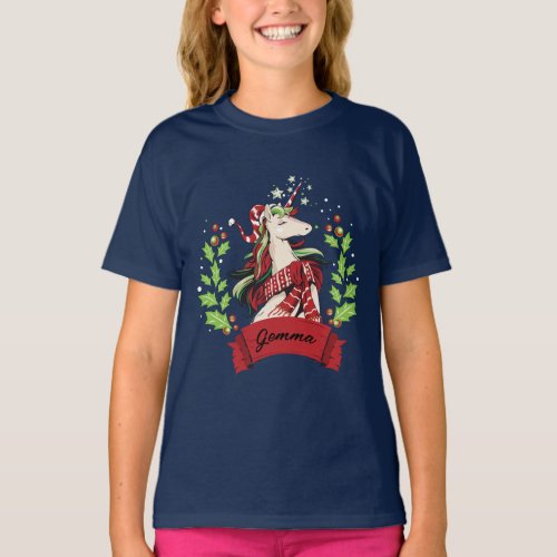 Cute Christmas Unicorn Custom Name       T_Shirt