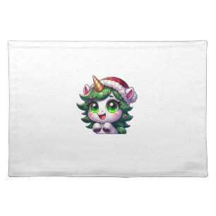 Cute Christmas Unicorn in Tree Costume Cartoon Tan Cloth Placemat