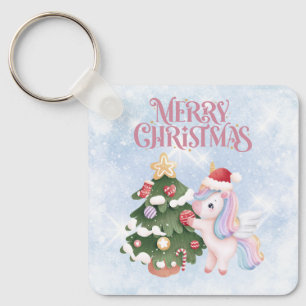 Cute Christmas Unicorn On Sparkle Blue Sky Keychain