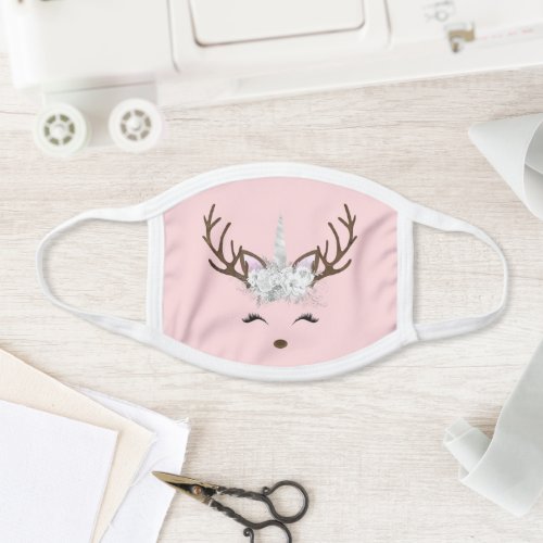 Cute Christmas Unicorn Reindeer Pink  White Face Mask