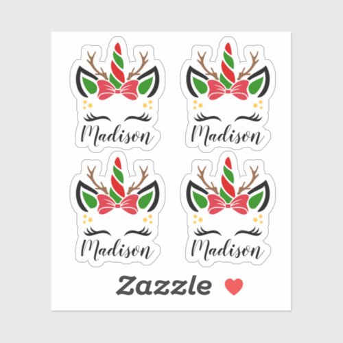 Cute Christmas Unicorn Stickers with Custom Name