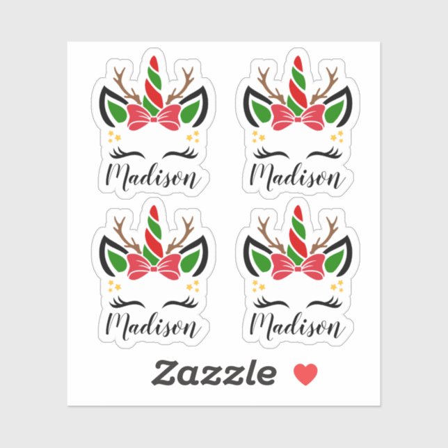 Cute Christmas Unicorn Stickers with Custom Name (Sheet)