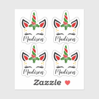 Cute Christmas Unicorn Stickers with Custom Name